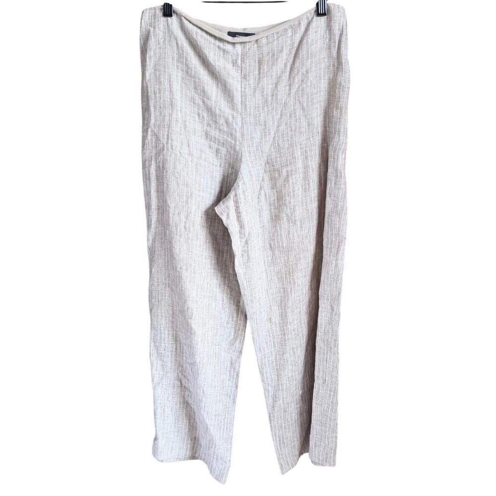 Theory brown stripe 100% linen wide leg pants front flat panel size zip 6 career